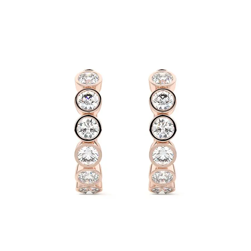 Bezel Diamond round Hoop Earrings 14K ROSE GOLD - Image 3