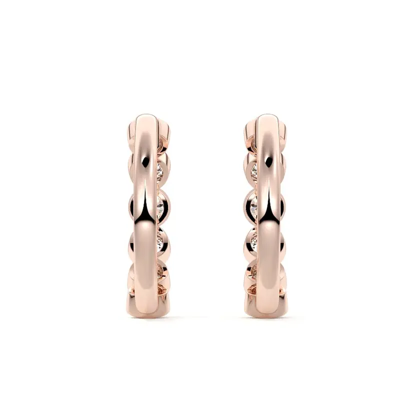 Bezel Diamond round Hoop Earrings 14K ROSE GOLD - Image 2