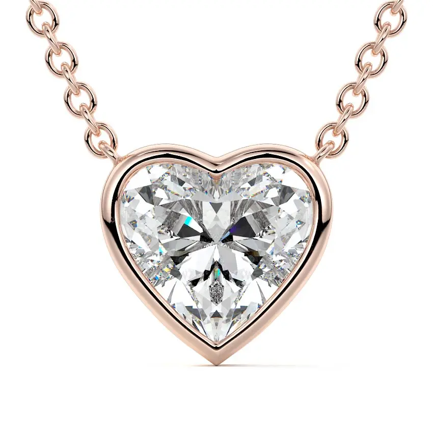 Bezel Diamond Heart Pendant Necklace 14K ROSE GOLD - Image 2