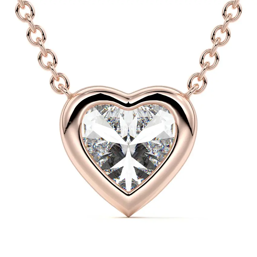 Bezel Diamond Heart Pendant Necklace 14K ROSE GOLD - Image 3