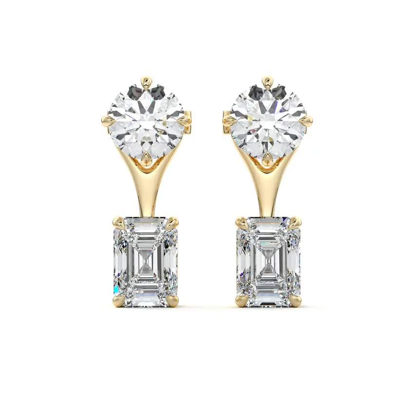 Solitaire Diamond Stud & Emerald Ear Jacket 14K GOLD - Image 4